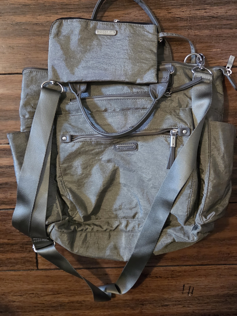 Baggallini Olive Convertible Nylon Backpack Tote with Crossbody Strap